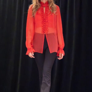 Premium Sofia - Red silk chiffon tunic with bow and ruffle detail